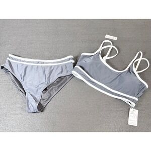 Moshu Womens Grey Two Piece Bikini Set White Trim High Waist Sporty Swimsuit L